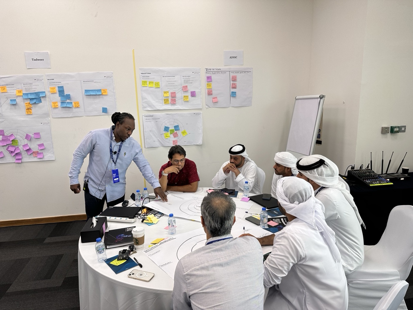 Facilitated round-table ideation session with participants working over a printed canvas