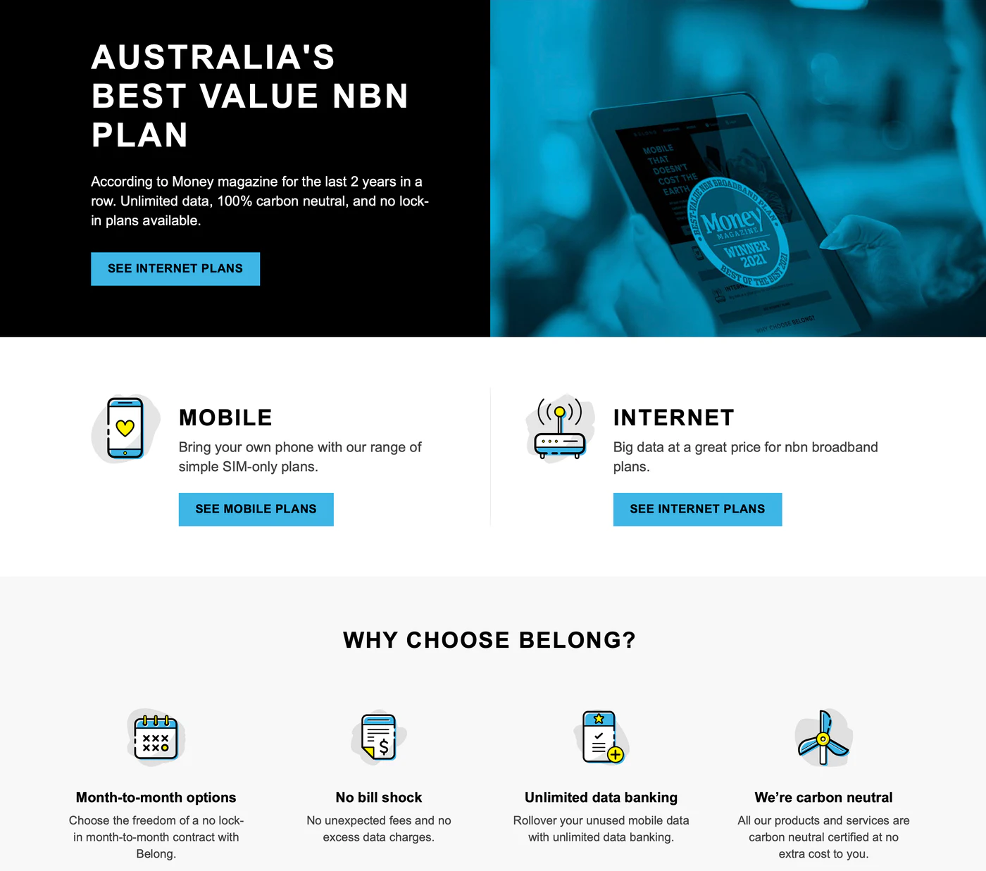 Belong website after the redesign, using a black and blue visual system with clearer mobile and internet pathways