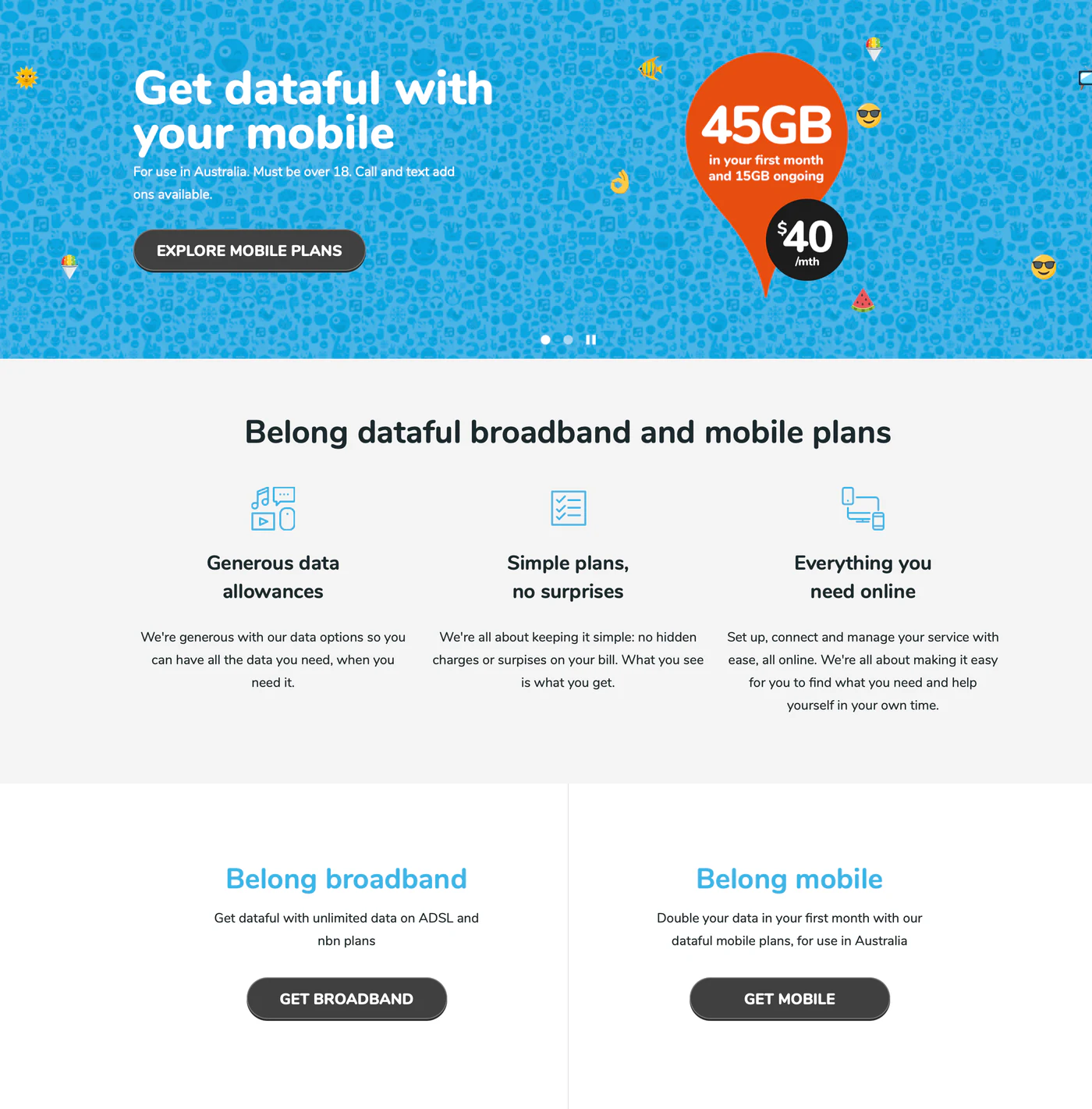 Belong website before the redesign, using a bright blue patterned hero and separate broadband and mobile plan panels